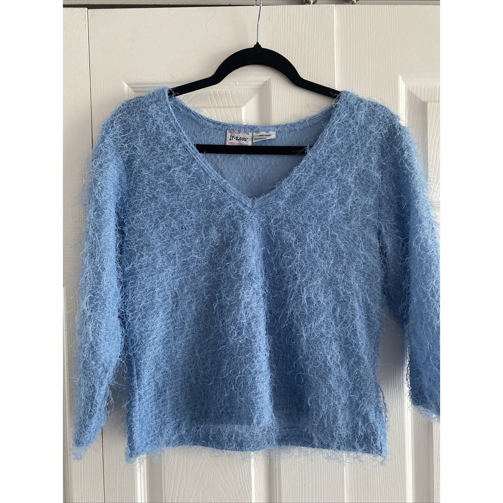 Jr-s.com Cyber Generation V-Neck Sweater Womens Size L Blue Fuzzy Y2K Soft Girl‎